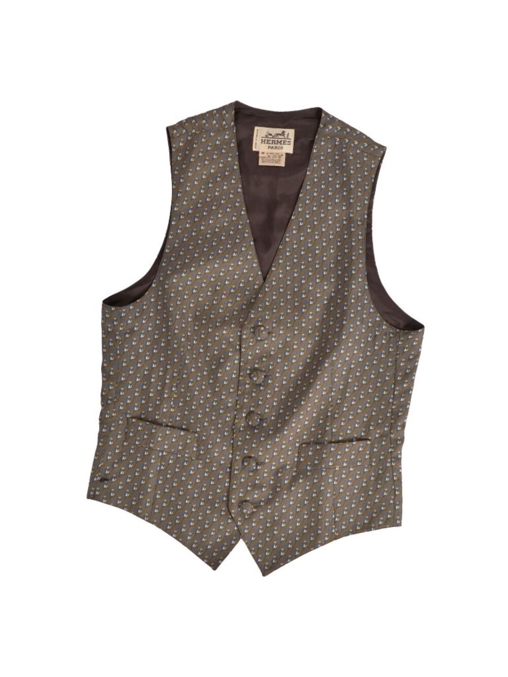 Hermes Vintage Vest Gilet All Over Print Top Silk Khaki Green 46